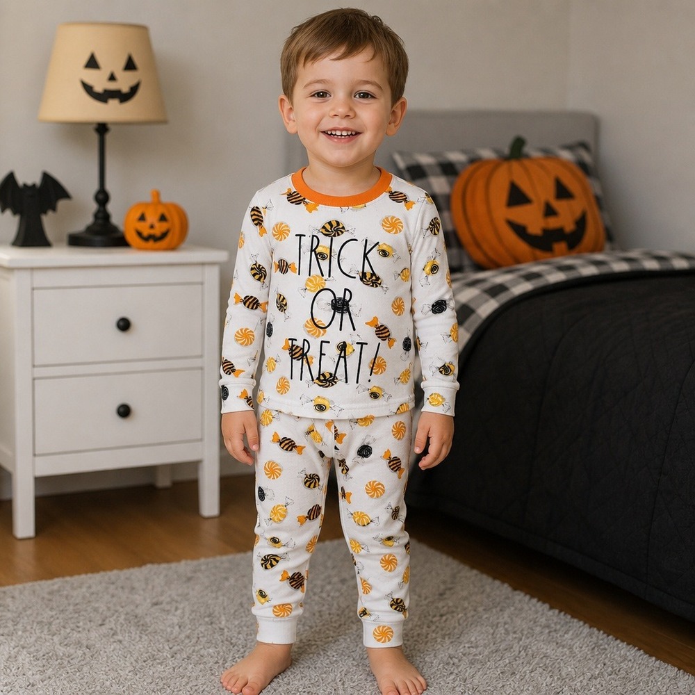 Rae Dunn Halloween 2 Pc Pajamas Boys 3T Trick Or Treat Candy White Orange